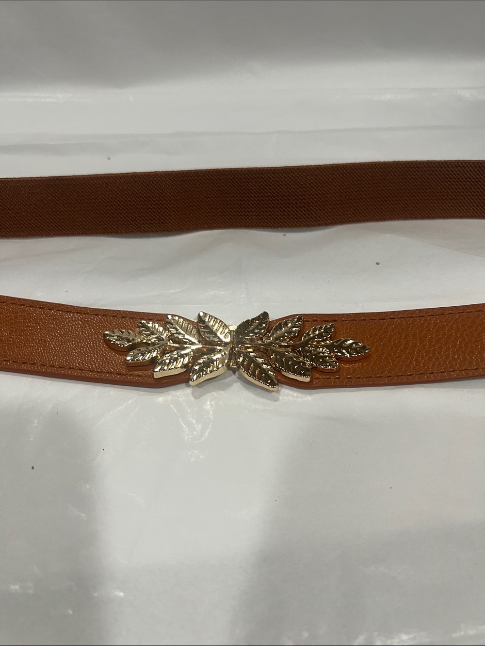 Brown Leather-Look Waist Belt with Gold Leaf Accent … stretchable